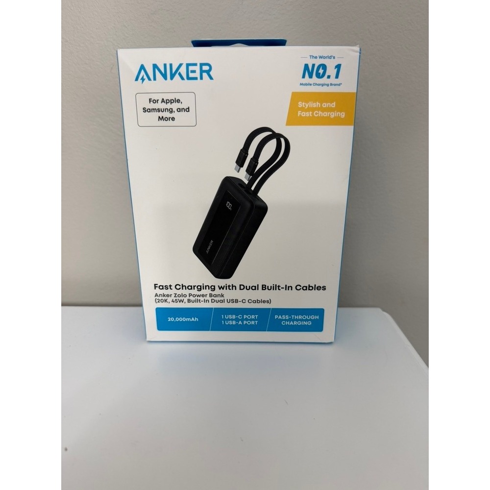 Anker Zolo 20000mAh 45W Power Bank Dual USB-C Cables Black NEW NWT